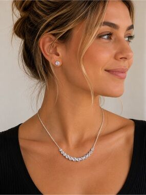 KENNETH JAY LANE CZ Silver Tone Curved Smile Necklace & Stud Earring Set